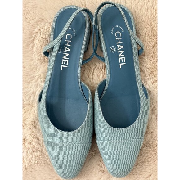 Chanel Women's Interlocking CC Logo Canvas Slingback Baby Blue Flats Size 8.5 - Picture 1 of 8